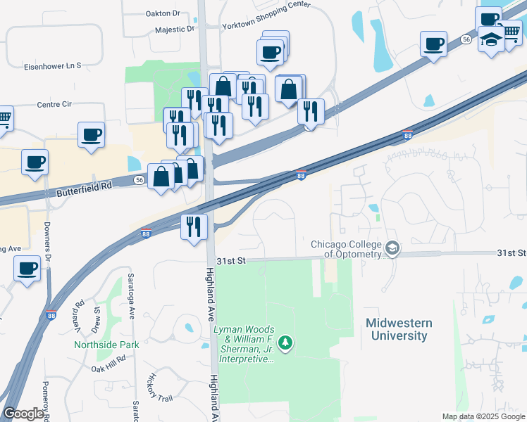 map of restaurants, bars, coffee shops, grocery stores, and more near 3005 Highland Parkway in Downers Grove