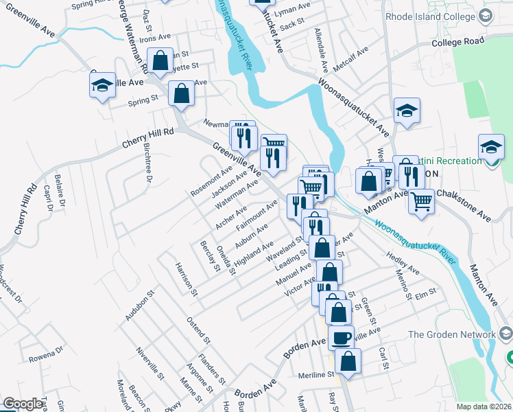 map of restaurants, bars, coffee shops, grocery stores, and more near 5 Archer Avenue in Johnston