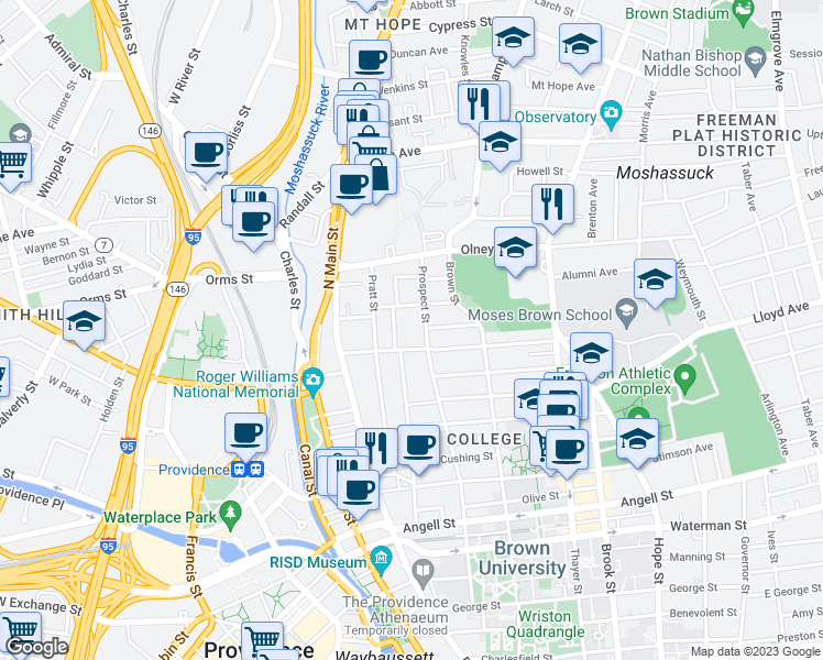 map of restaurants, bars, coffee shops, grocery stores, and more near 153 Congdon Street in Providence