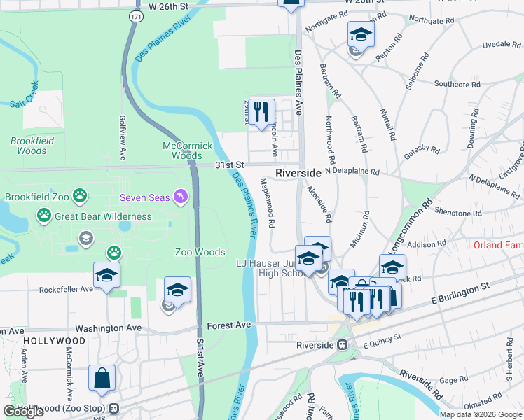 map of restaurants, bars, coffee shops, grocery stores, and more near 236 Maplewood Road in Riverside