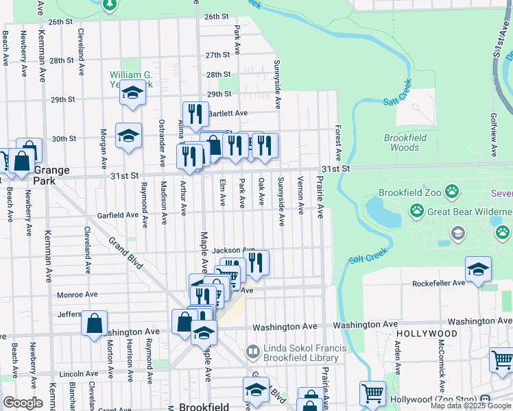 map of restaurants, bars, coffee shops, grocery stores, and more near 3135 Park Avenue in Brookfield