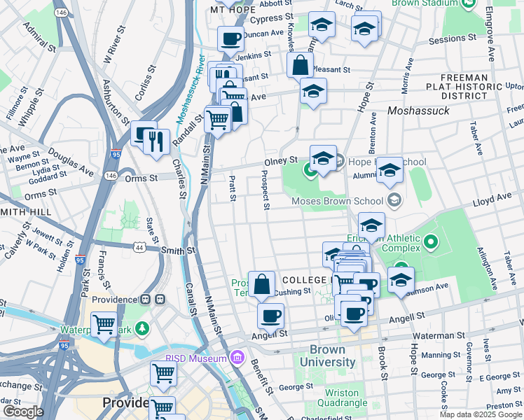 map of restaurants, bars, coffee shops, grocery stores, and more near 140 Prospect Street in Providence