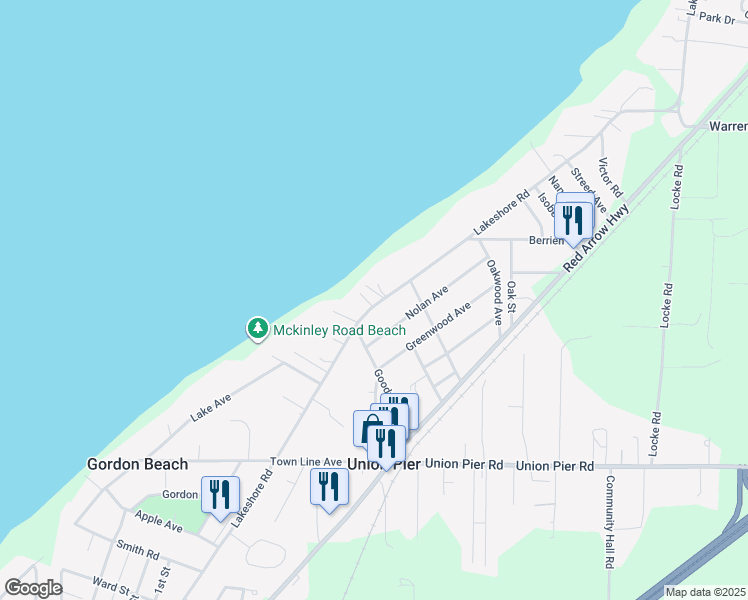 map of restaurants, bars, coffee shops, grocery stores, and more near 15818A Lakeshore Road in Union Pier
