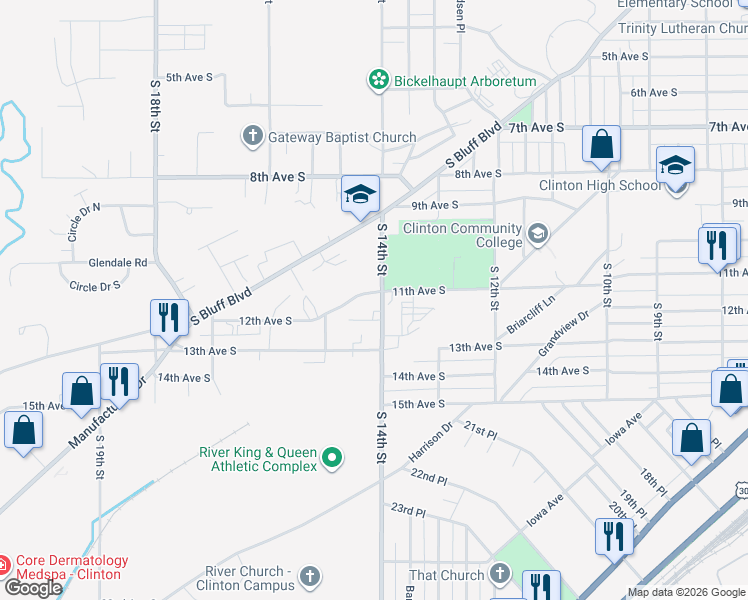 map of restaurants, bars, coffee shops, grocery stores, and more near 1104 South 14th Street in Clinton