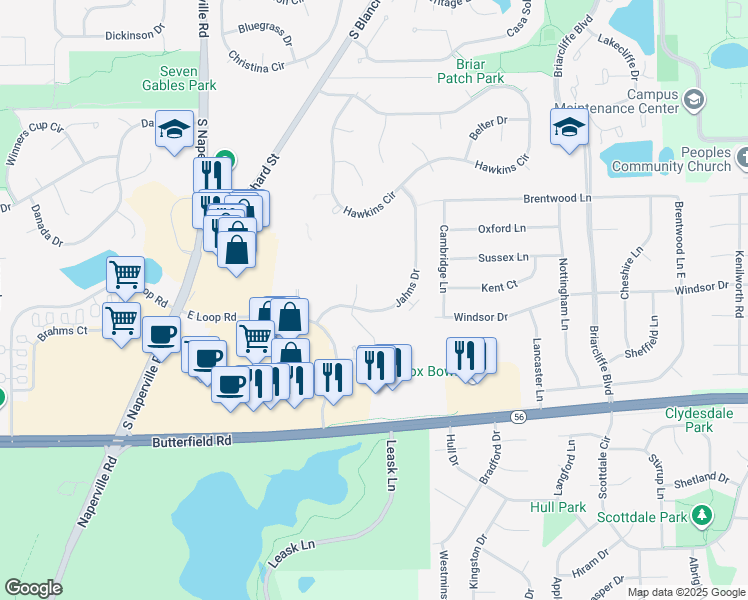 map of restaurants, bars, coffee shops, grocery stores, and more near 55 Kensington Cir in Wheaton