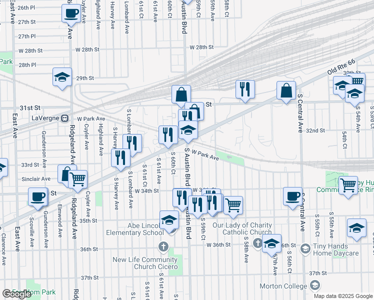 map of restaurants, bars, coffee shops, grocery stores, and more near West Park Avenue in Chicago