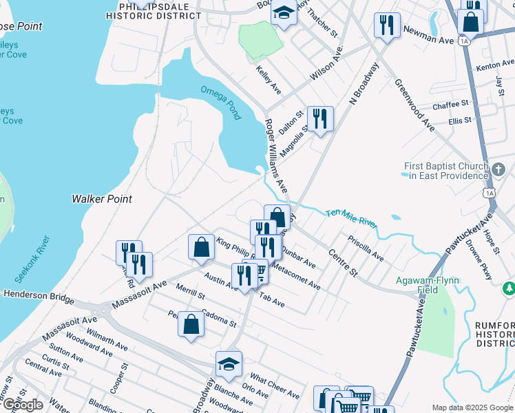 map of restaurants, bars, coffee shops, grocery stores, and more near 91 Algonquin Road in East Providence