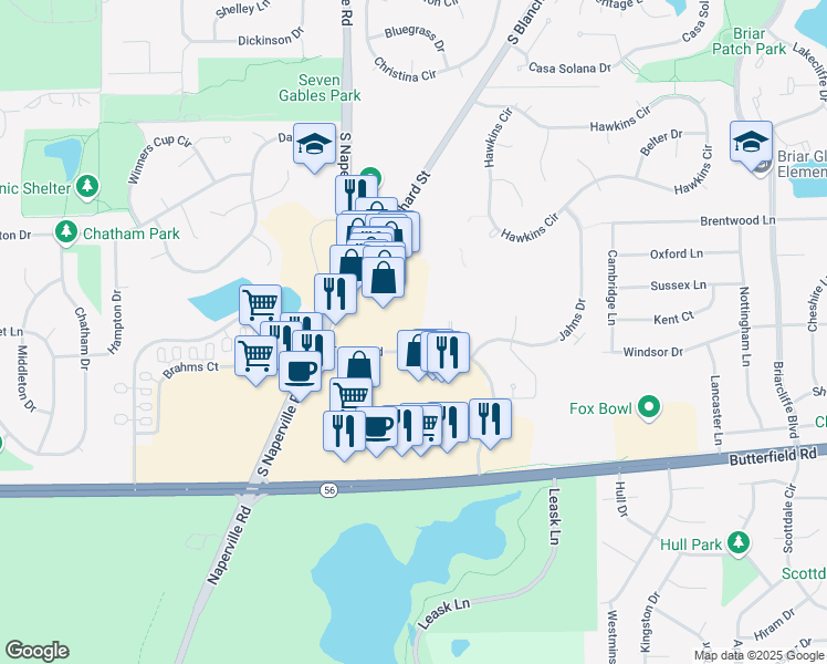 map of restaurants, bars, coffee shops, grocery stores, and more near 91 Town Square in Wheaton