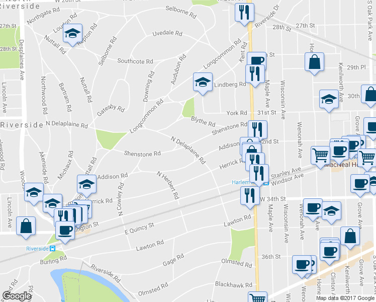 map of restaurants, bars, coffee shops, grocery stores, and more near 100 North Delaplaine Road in Riverside