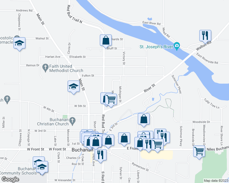 map of restaurants, bars, coffee shops, grocery stores, and more near 512 Moravia Street in Buchanan