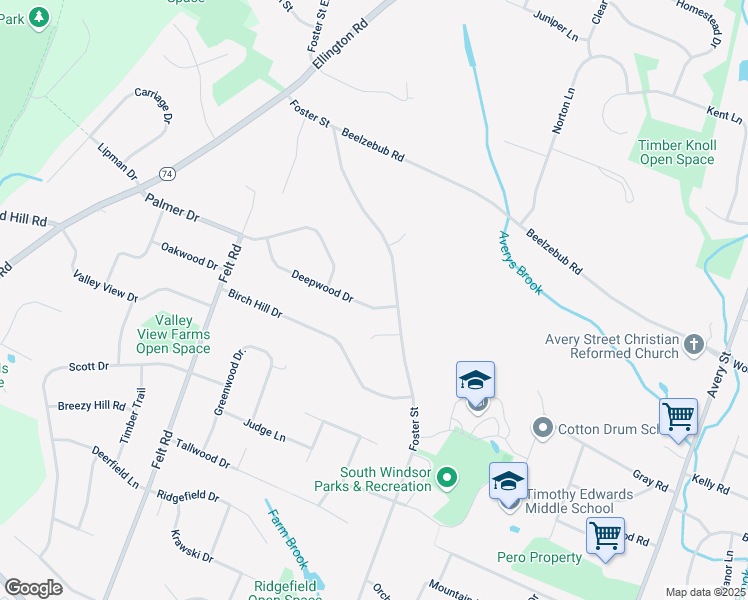 map of restaurants, bars, coffee shops, grocery stores, and more near 20 Deepwood Drive in South Windsor