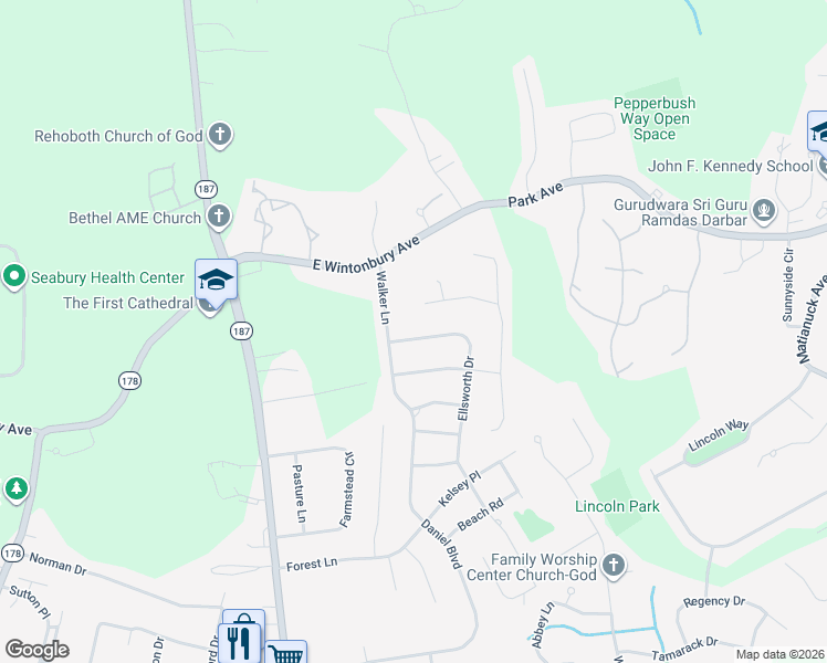 map of restaurants, bars, coffee shops, grocery stores, and more near 115 Ellsworth Drive in Bloomfield
