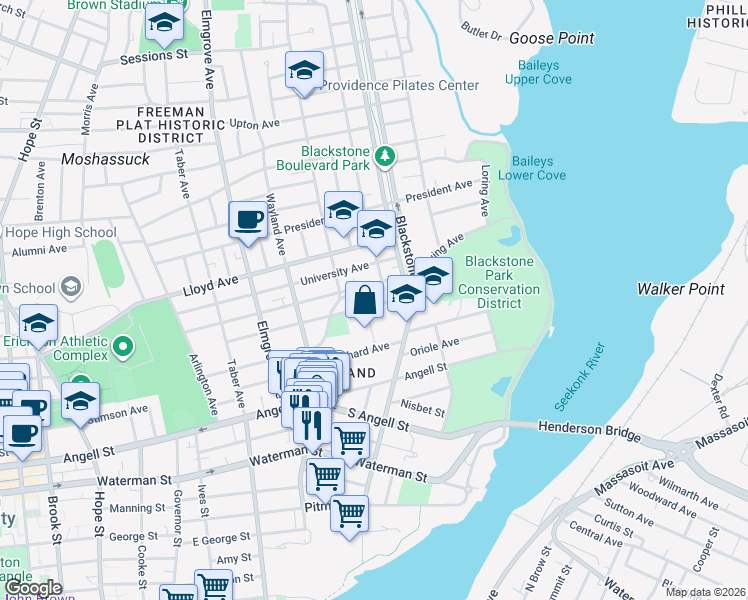 map of restaurants, bars, coffee shops, grocery stores, and more near 132 Elton Street in Providence