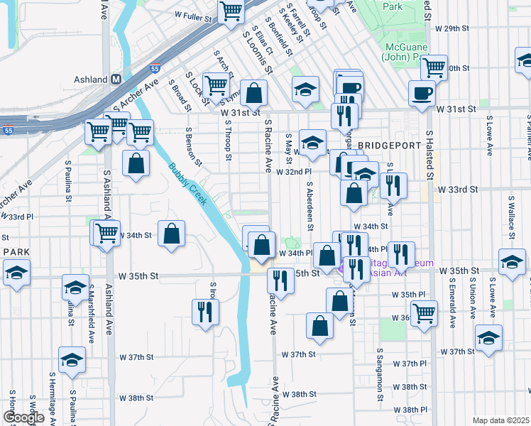 map of restaurants, bars, coffee shops, grocery stores, and more near 1220 W 33rd Pl in Chicago