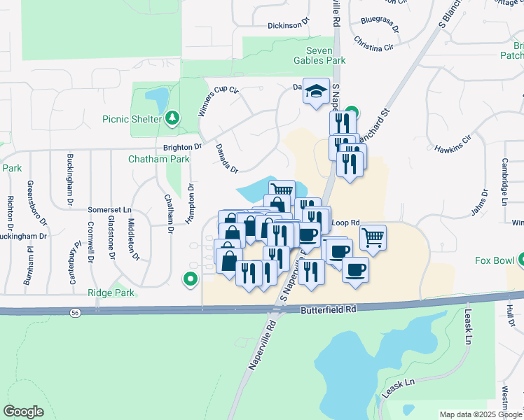 map of restaurants, bars, coffee shops, grocery stores, and more near 22 Vivaldi Court in Wheaton