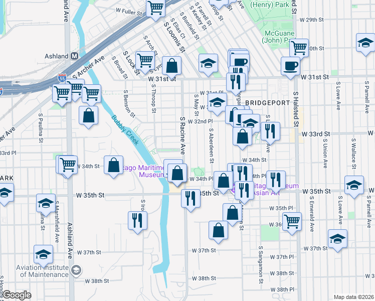 map of restaurants, bars, coffee shops, grocery stores, and more near 3325 South Racine Avenue in Chicago