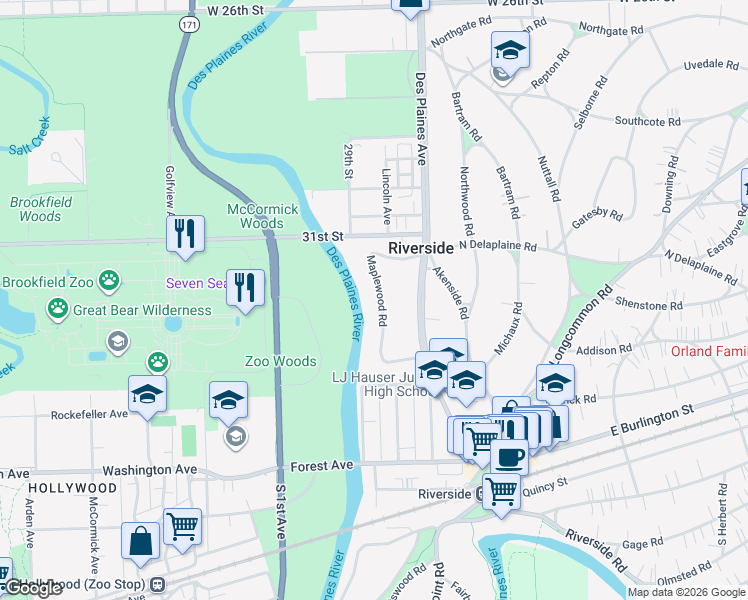 map of restaurants, bars, coffee shops, grocery stores, and more near 236 Maplewood Road in Riverside
