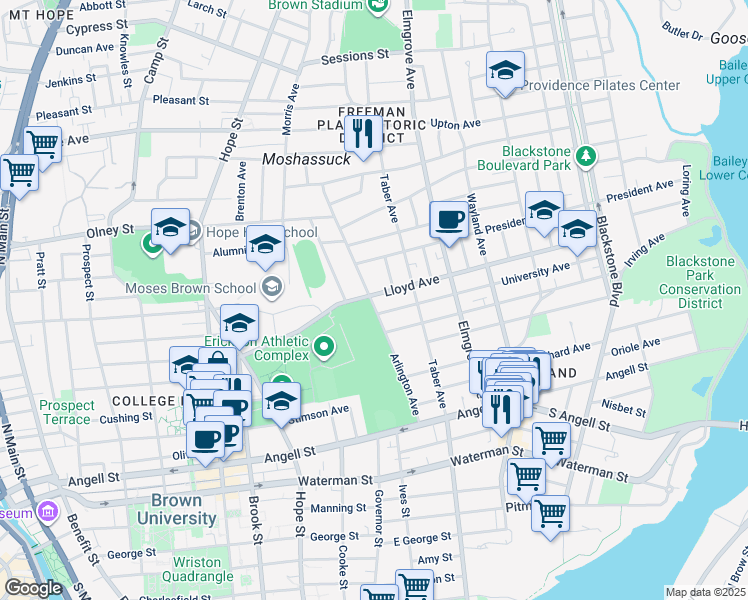 map of restaurants, bars, coffee shops, grocery stores, and more near 111 Arlington Avenue in Providence