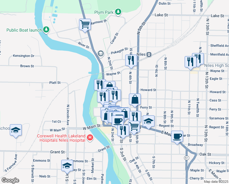 map of restaurants, bars, coffee shops, grocery stores, and more near 604 North 2nd Street in Niles