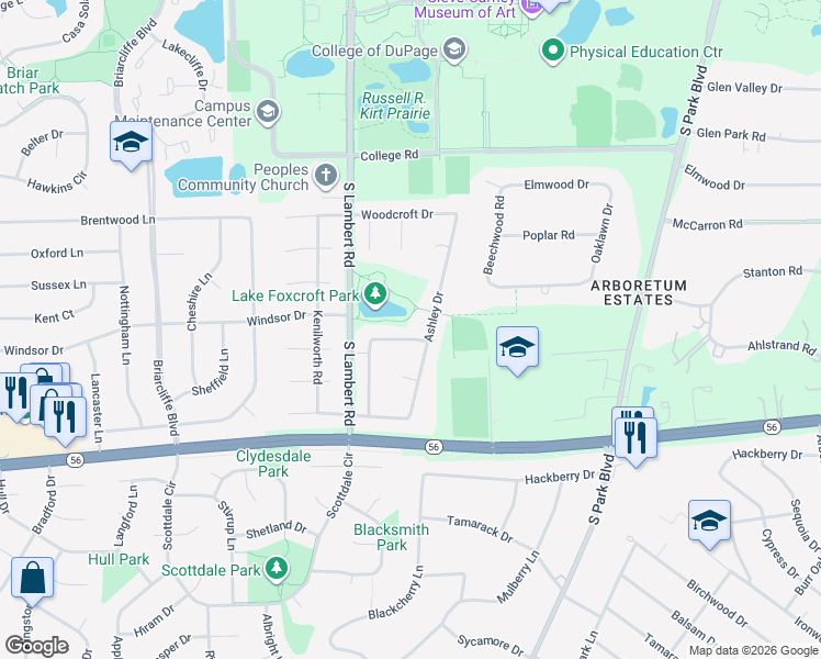 map of restaurants, bars, coffee shops, grocery stores, and more near 23W122 Sherbrooke Lane in Glen Ellyn