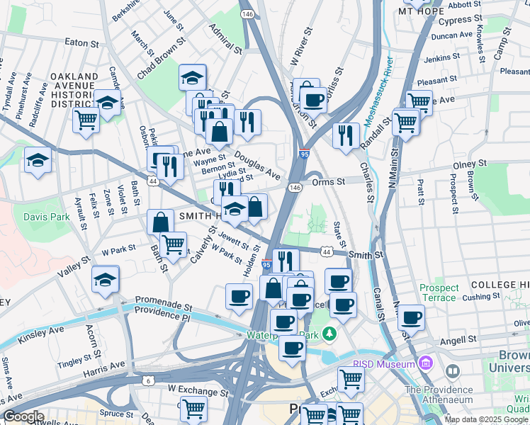 map of restaurants, bars, coffee shops, grocery stores, and more near 47 Common Street in Providence