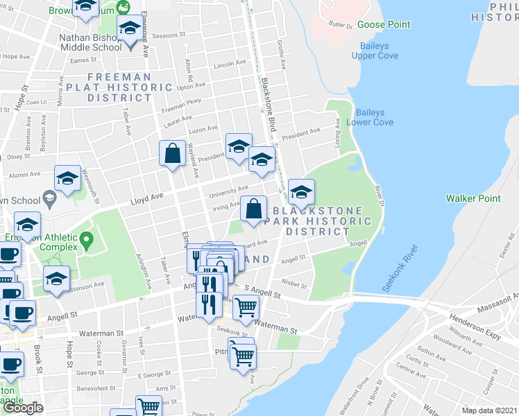 map of restaurants, bars, coffee shops, grocery stores, and more near 142 Elton Street in Providence