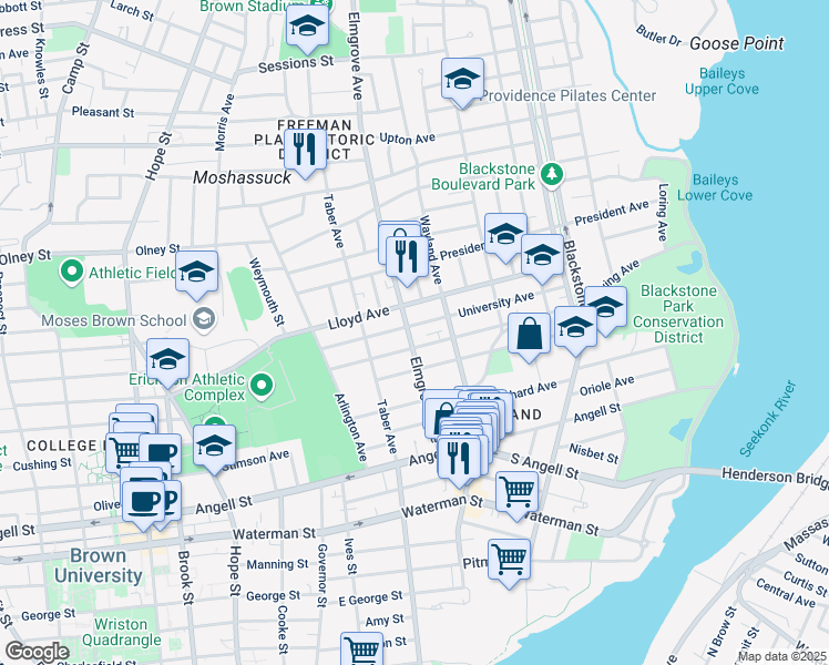 map of restaurants, bars, coffee shops, grocery stores, and more near 67 University Avenue in Providence