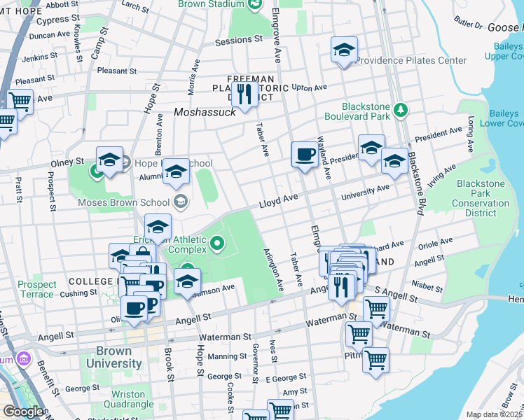 map of restaurants, bars, coffee shops, grocery stores, and more near 111 Arlington Avenue in Providence