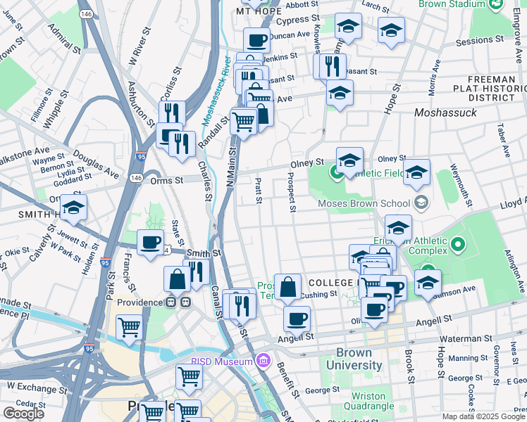 map of restaurants, bars, coffee shops, grocery stores, and more near 153 Congdon Street in Providence