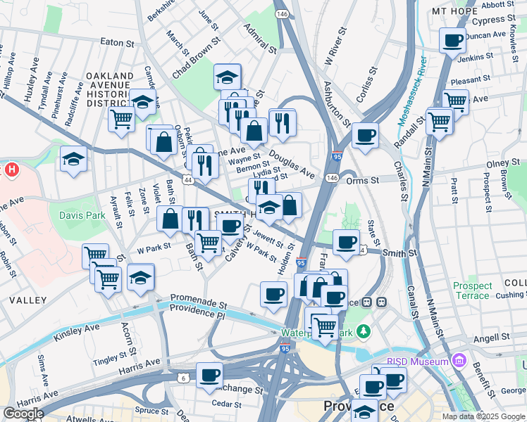 map of restaurants, bars, coffee shops, grocery stores, and more near 22 Washburn Street in Providence