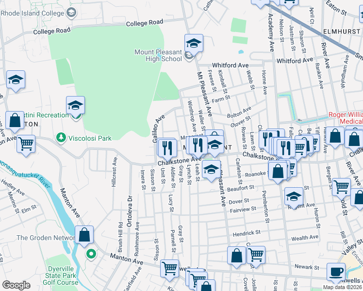 map of restaurants, bars, coffee shops, grocery stores, and more near 36 Standish Avenue in Providence