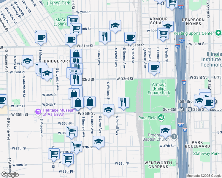 map of restaurants, bars, coffee shops, grocery stores, and more near 3330 South Parnell Avenue in Chicago
