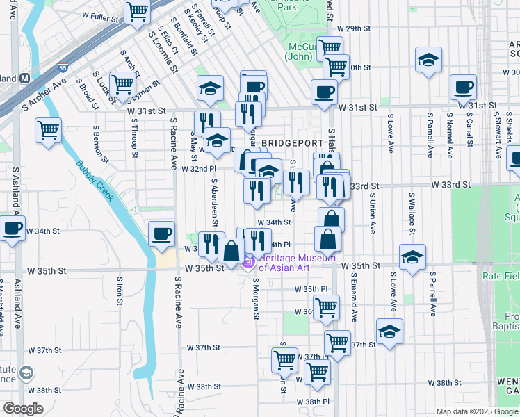 map of restaurants, bars, coffee shops, grocery stores, and more near 3343 South Morgan Street in Chicago