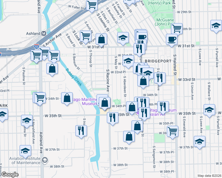 map of restaurants, bars, coffee shops, grocery stores, and more near 3325 South Racine Avenue in Chicago