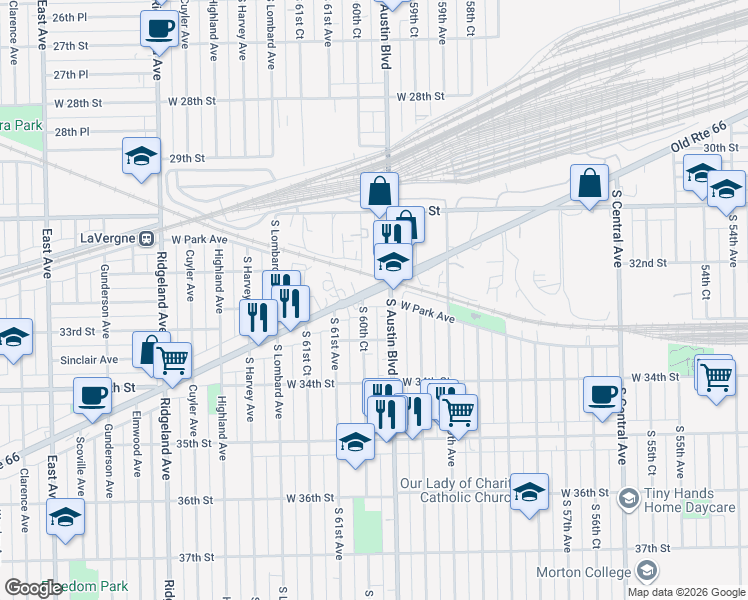 map of restaurants, bars, coffee shops, grocery stores, and more near 6015 Ogden Avenue in Cicero