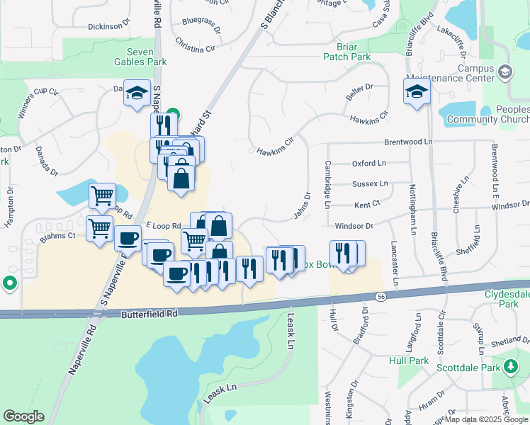 map of restaurants, bars, coffee shops, grocery stores, and more near 55 Kensington Cir in Wheaton