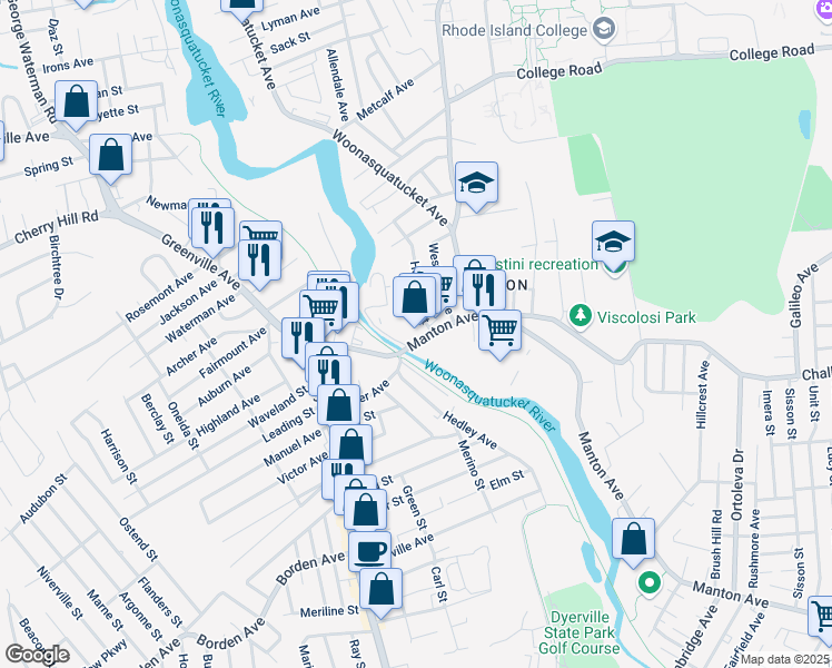 map of restaurants, bars, coffee shops, grocery stores, and more near 989 Manton Avenue in Providence