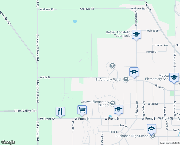 map of restaurants, bars, coffee shops, grocery stores, and more near 15774 Townline Road in Buchanan