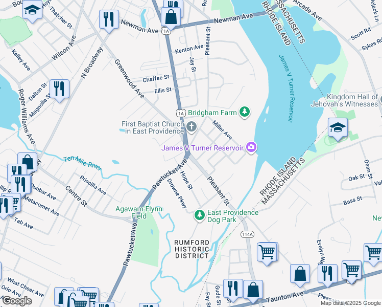 map of restaurants, bars, coffee shops, grocery stores, and more near 298 Pleasant Street in East Providence
