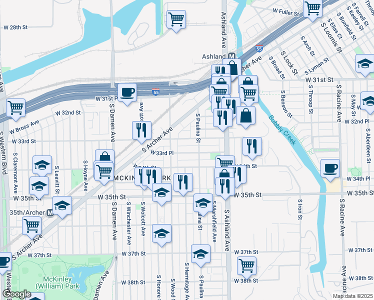 map of restaurants, bars, coffee shops, grocery stores, and more near 1724 West 33rd Place in Chicago