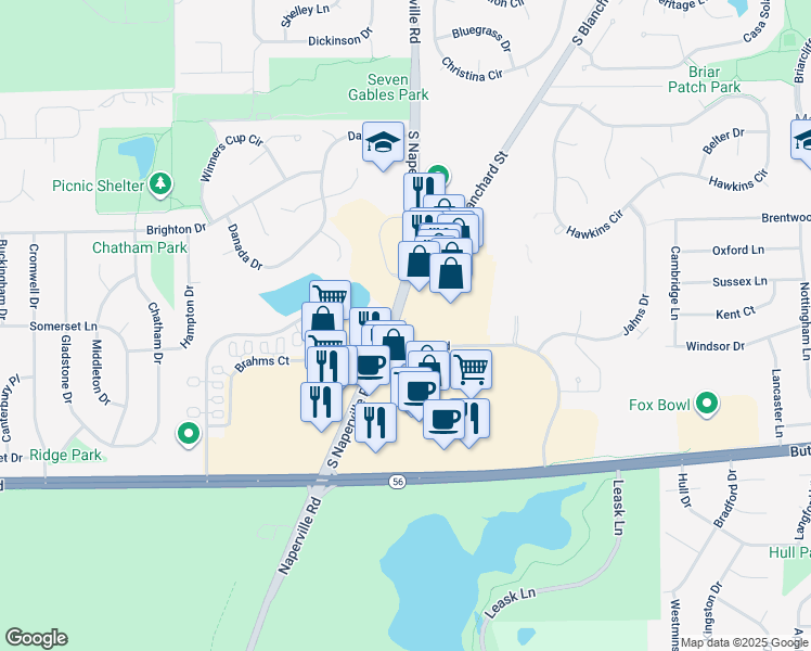 map of restaurants, bars, coffee shops, grocery stores, and more near 2001 South Naperville Road in Wheaton