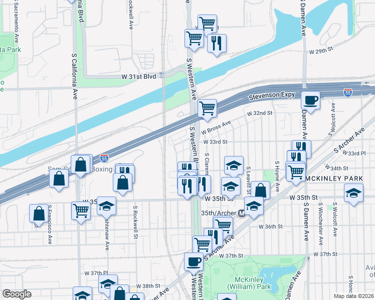 map of restaurants, bars, coffee shops, grocery stores, and more near 3310 South Western Avenue in Chicago