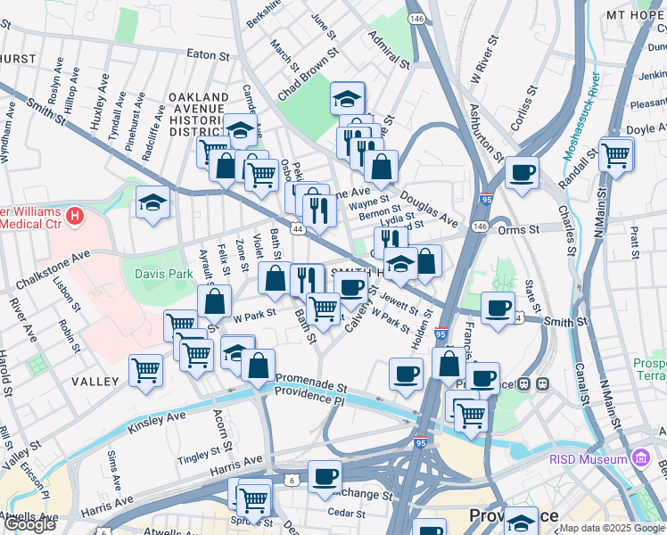 map of restaurants, bars, coffee shops, grocery stores, and more near 310 Orms Street in Providence
