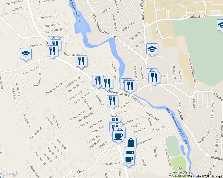 map of restaurants, bars, coffee shops, grocery stores, and more near 39A Greenville Ave in Johnston