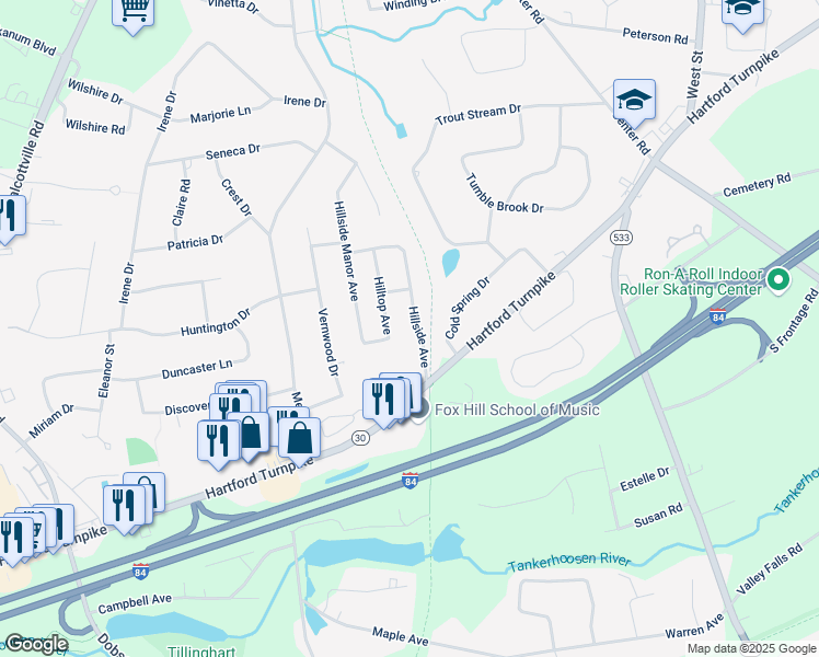 map of restaurants, bars, coffee shops, grocery stores, and more near 25 Hillside Avenue in Vernon