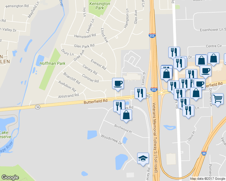 map of restaurants, bars, coffee shops, grocery stores, and more near 2S636 Lloyd Avenue in Lombard