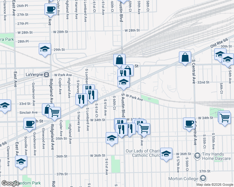 map of restaurants, bars, coffee shops, grocery stores, and more near 6015 Ogden Avenue in Cicero