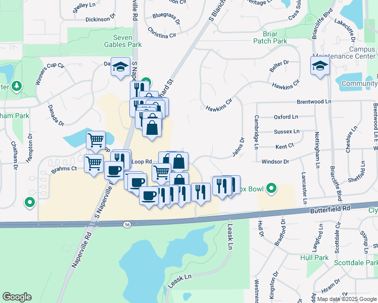 map of restaurants, bars, coffee shops, grocery stores, and more near 7 Sterling Circle in Wheaton