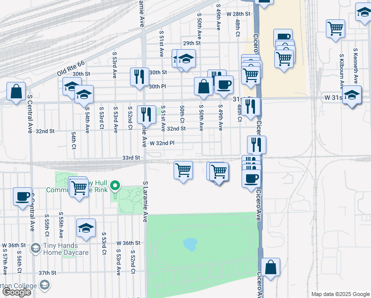 map of restaurants, bars, coffee shops, grocery stores, and more near 3235 50th Court in Cicero