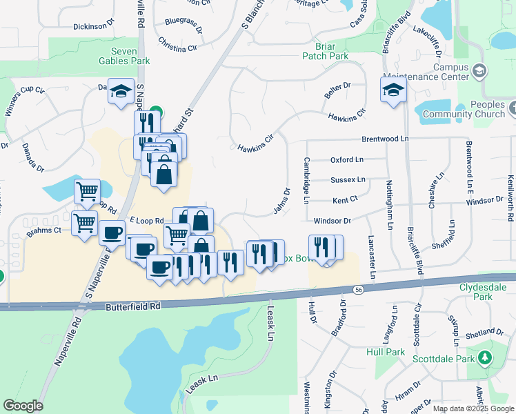 map of restaurants, bars, coffee shops, grocery stores, and more near 55 Kensington Circle in Wheaton